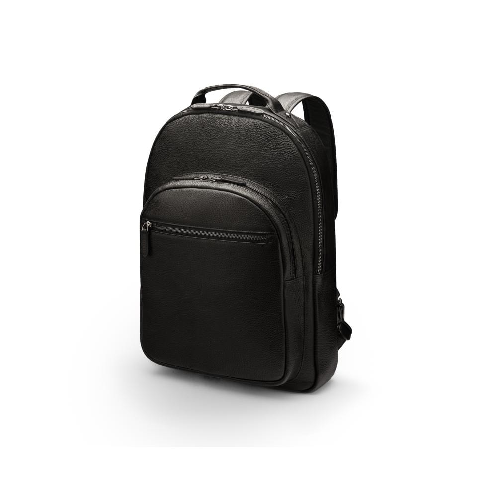Men's leather 15" laptop backpack, black pebble grain with gunmetal zips, side