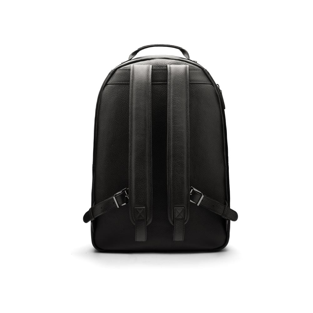 Men's leather 15" laptop backpack, black pebble grain with gunmetal zips, back