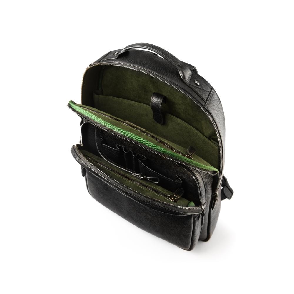 Men's leather 15" laptop backpack, black pebble grain with gunmetal zips, inside