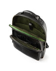 Men's leather 15" laptop backpack, black pebble grain with gunmetal zips, inside