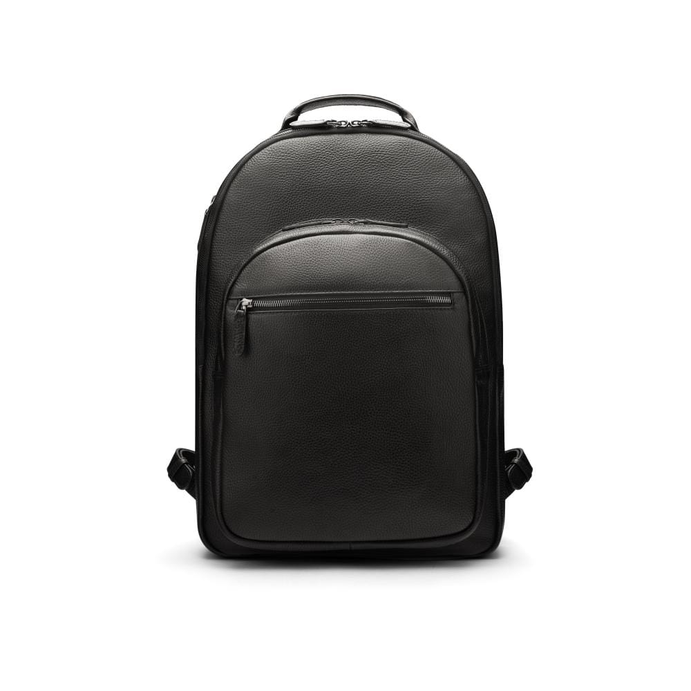 Men's leather 15" laptop backpack, black pebble grain with gunmetal zips, front