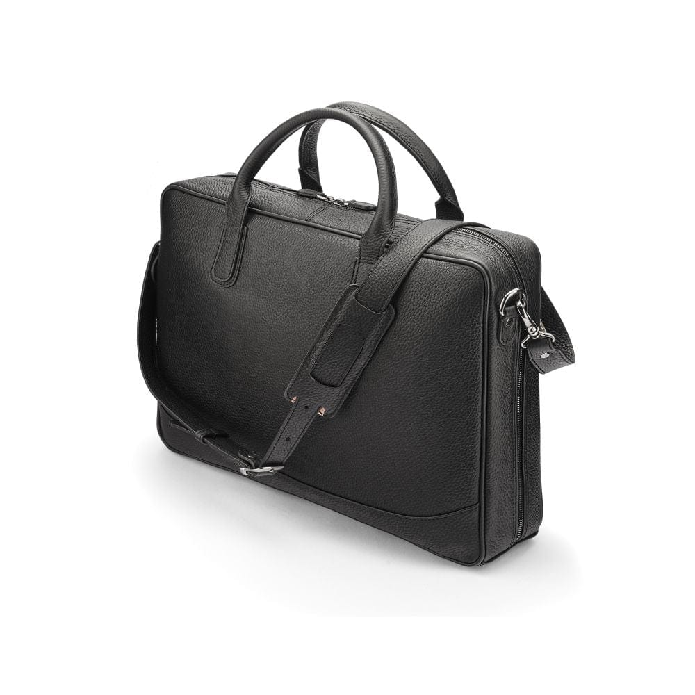 Leather laptop bag, 17 inch, black pebble grain, with shoulder strap