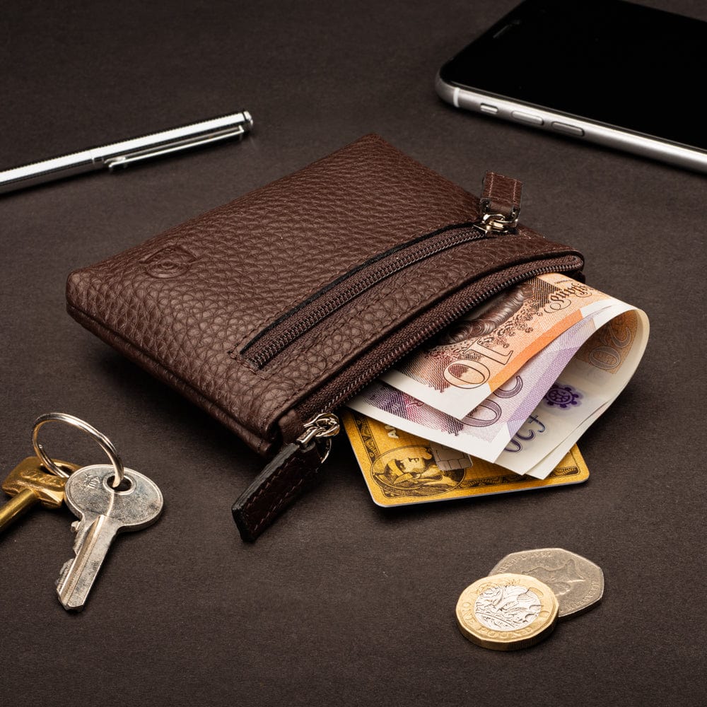 RFID Small leather zip coin pouch, brown pebble grain, lifestyle