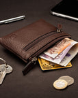 RFID Small leather zip coin pouch, brown pebble grain, lifestyle