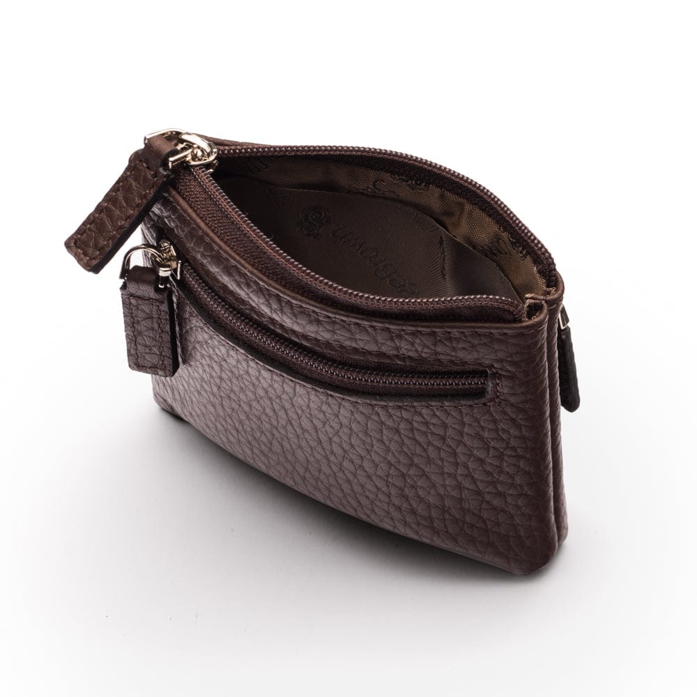 RFID Small leather zip coin pouch, brown pebble grain, inside