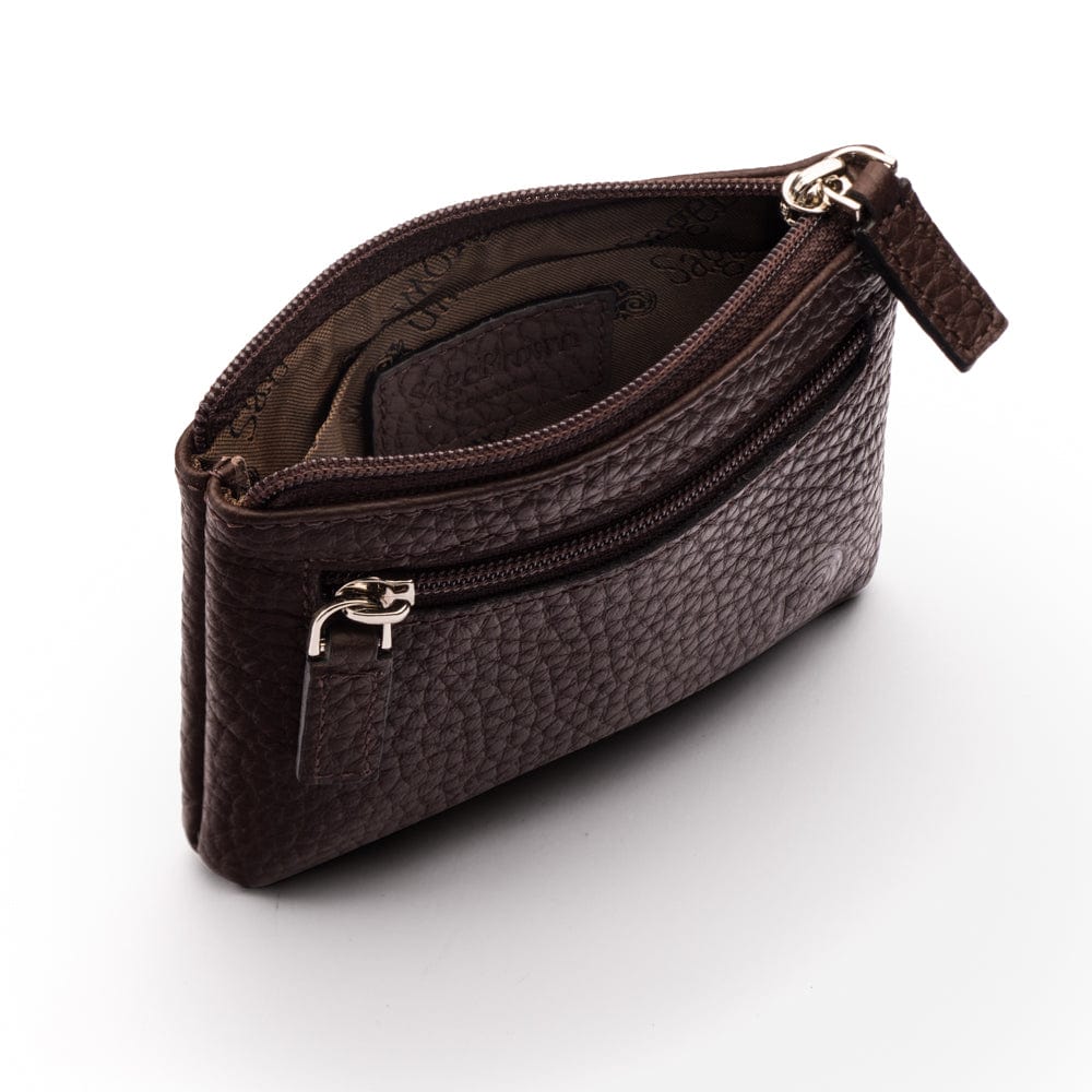 RFID Small leather zip coin pouch, brown pebble grain, open