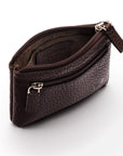 RFID Small leather zip coin pouch, brown pebble grain, open