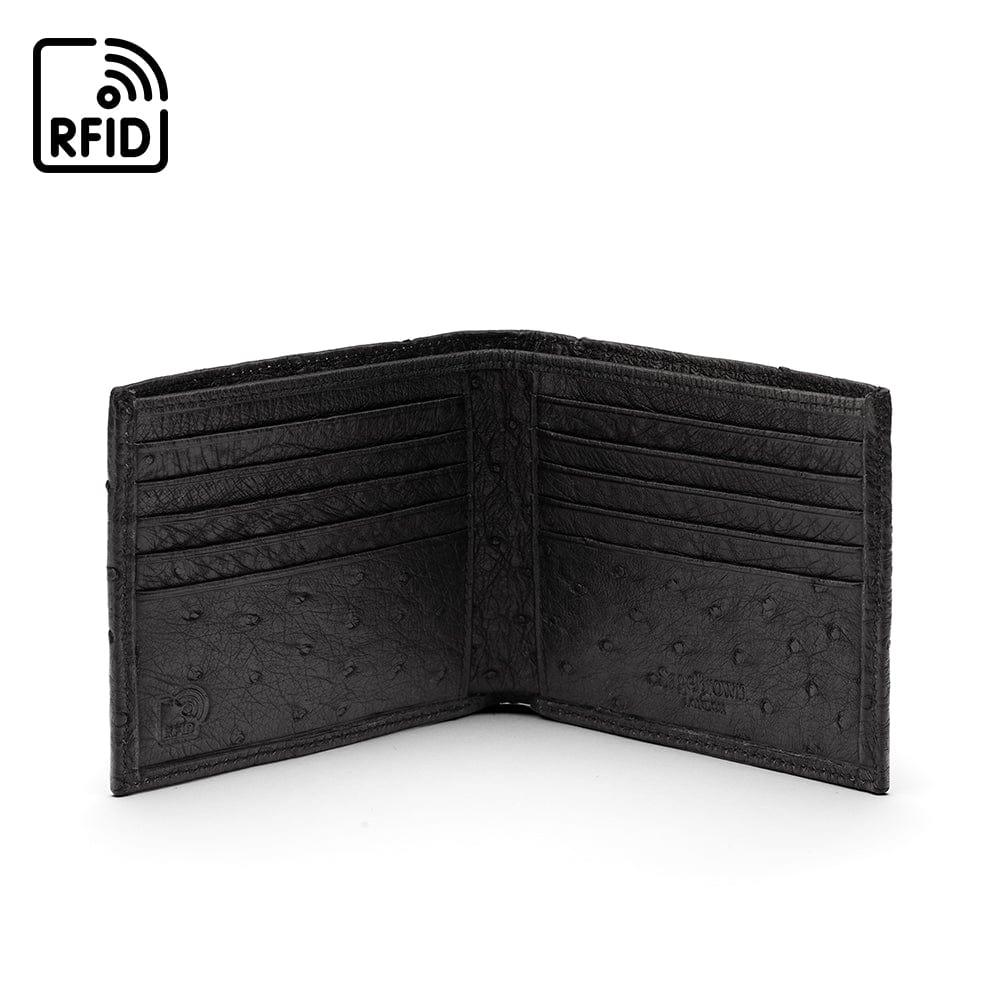 RFID wallet in ostrich leather, black, open view