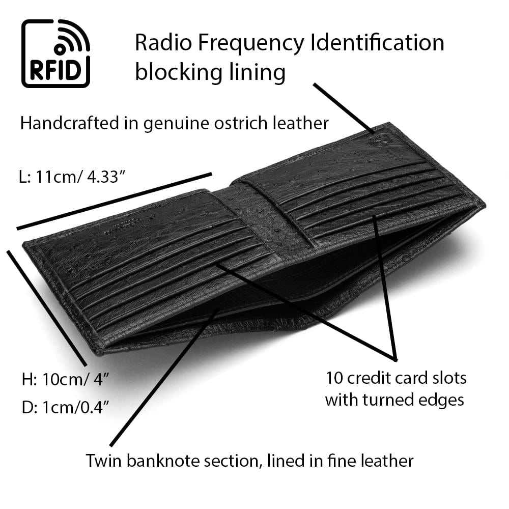 RFID wallet in real ostrich leather, black , features