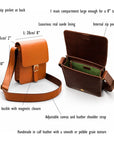 Small leather messenger bag with buckle, features and dimensions