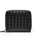 Small zip around woven leather accordion purse, black, back