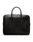 The Tressé leather laptop bag, black woven, front