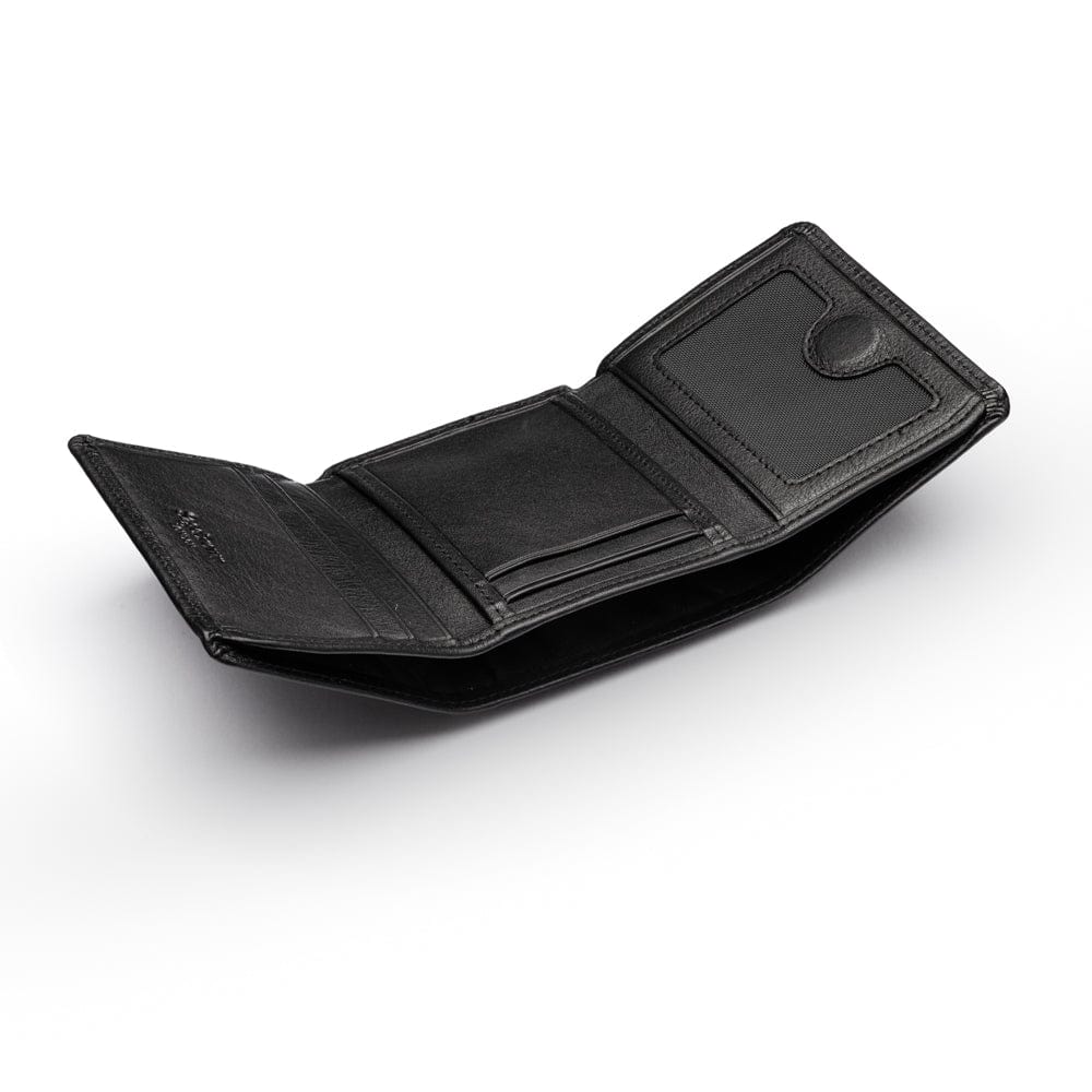 Trifold leather wallet with ID, black, interior