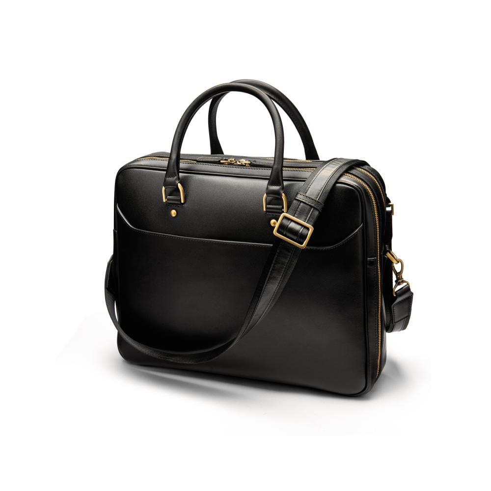 Leather 17" laptop briefcase, black, with shoulder strap