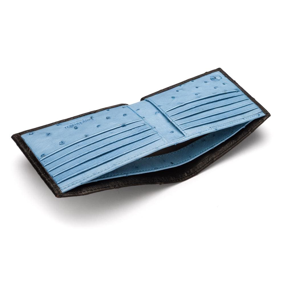 RFID wallet in ostrich leather, black with blue, inside