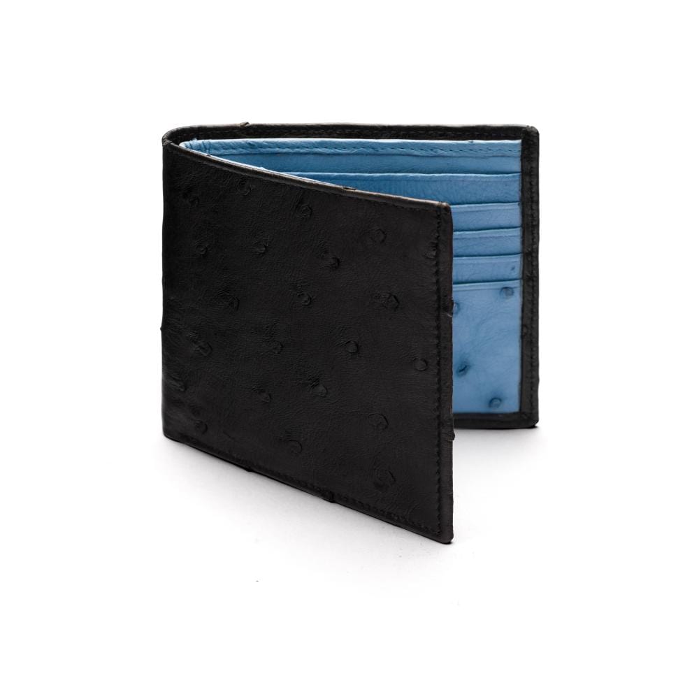 RFID wallet in ostrich leather, black with blue, front