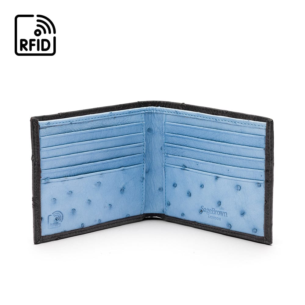 RFID wallet in ostrich leather, black with blue, open view