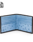 RFID wallet in ostrich leather, black with blue, open view