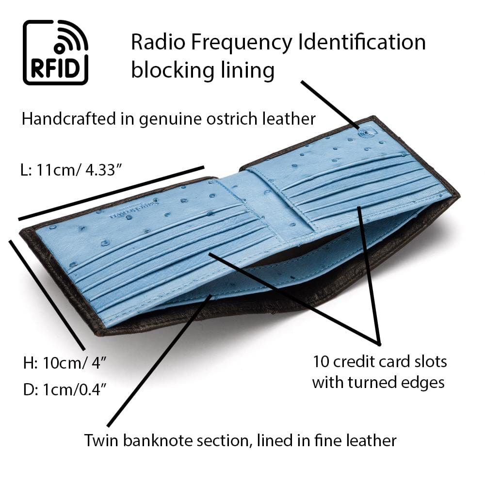 RFID wallet in real ostrich leather, black  with blue, features