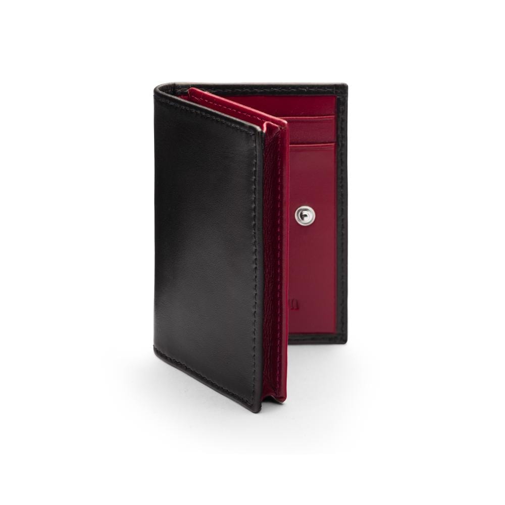 Expandable leather business card holder, black with burgundy, front