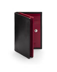 Expandable leather business card holder, black with burgundy, front