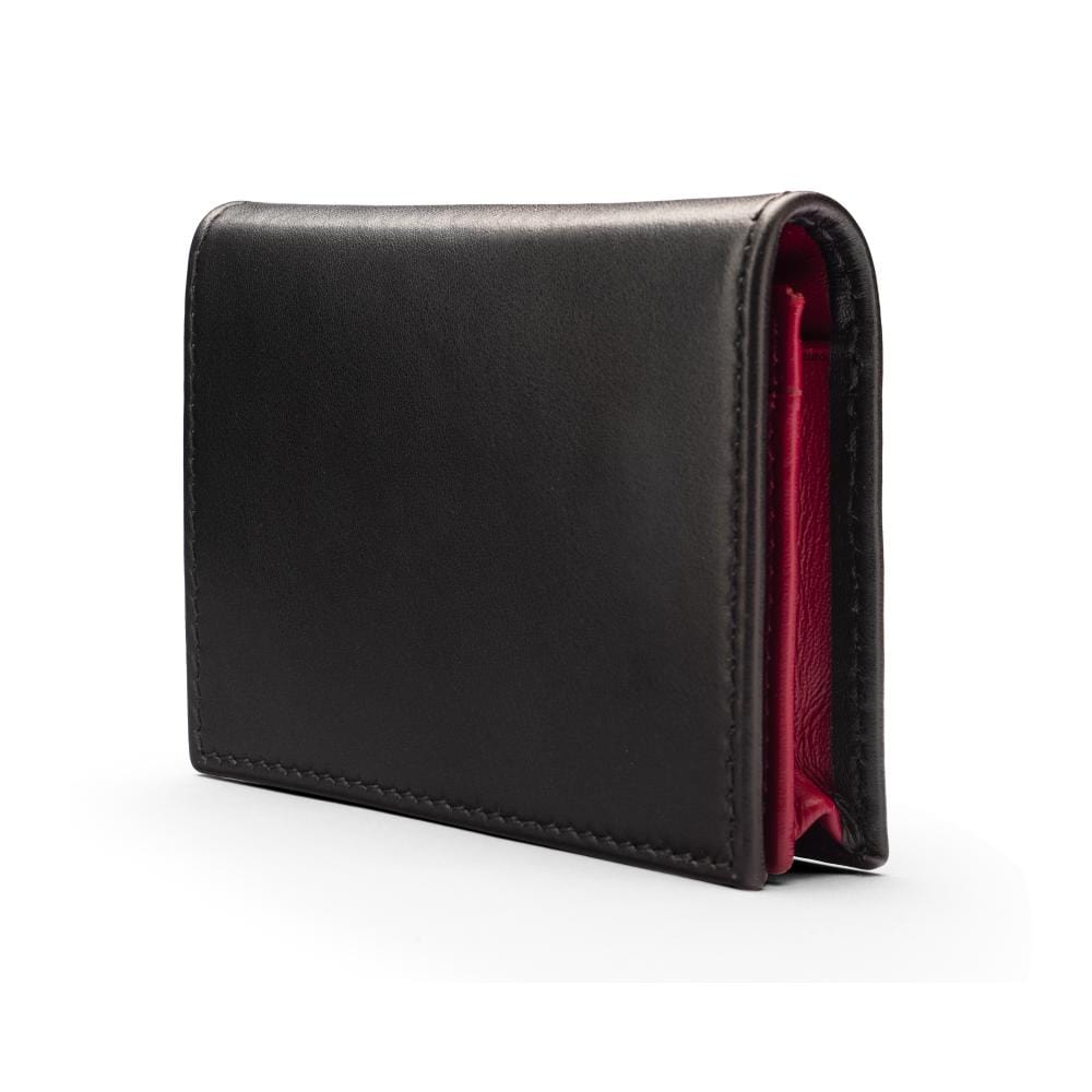 Expandable leather business card holder, black with burgundy, side