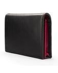 Expandable leather business card holder, black with burgundy, side