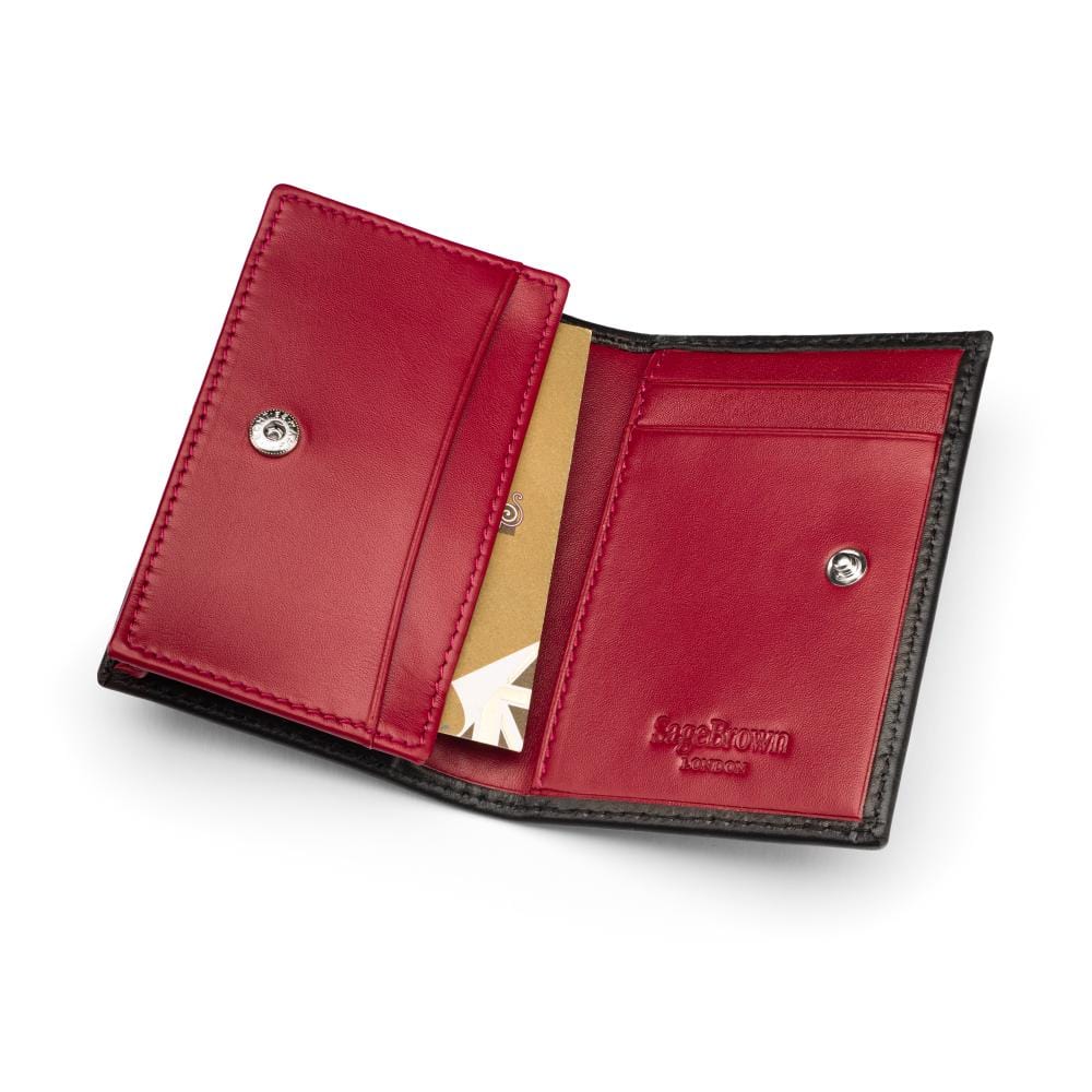 Expandable leather business card holder, black with burgundy, inside