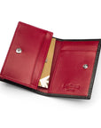 Expandable leather business card holder, black with burgundy, inside