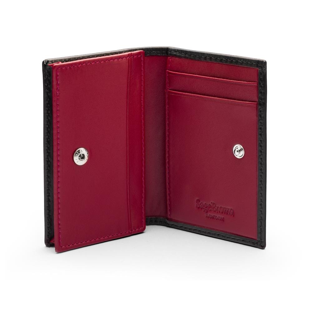 Expandable leather business card holder, black with burgundy, open