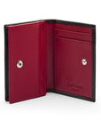 Expandable leather business card holder, black with burgundy, open