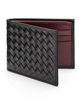 Woven leather billfold wallet with 6 credit card slots, black with burgundy, front