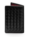 Woven leather credit card holder, black with burgundy, back
