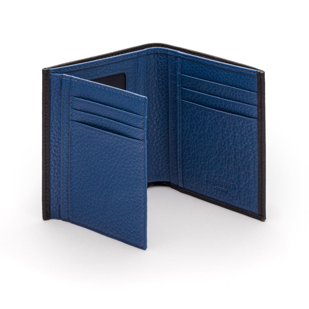 Compact leather wallet with 6 credit card slots and 2 ID windows, black with cobalt, inside