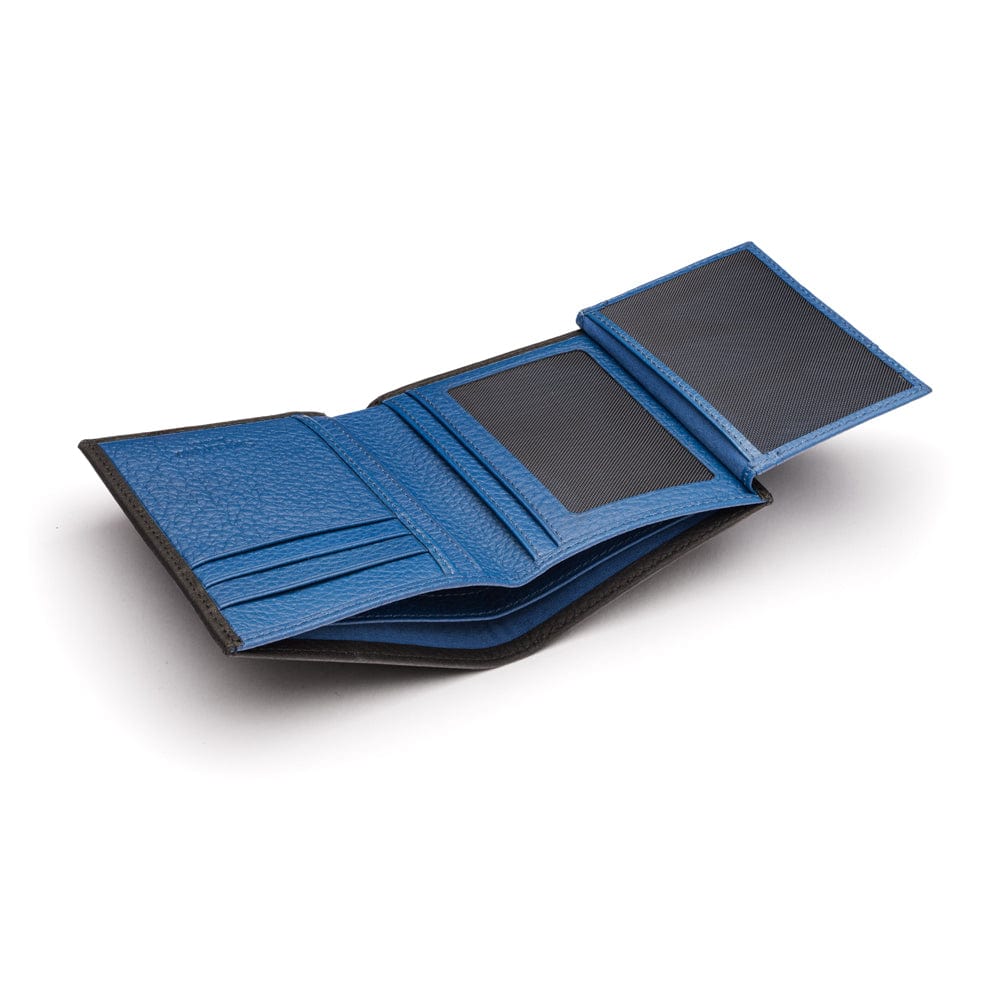 Compact leather wallet with 6 credit card slots and 2 ID windows, black with cobalt, open