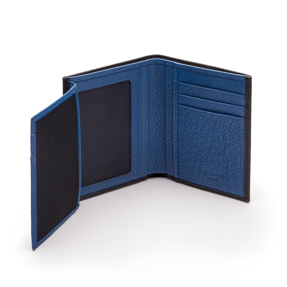 Compact leather wallet with 6 credit card slots and 2 ID windows, black with cobalt, extra page