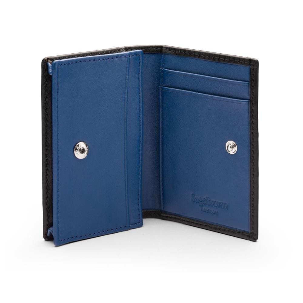 Expandable leather business card holder, black with cobalt, open