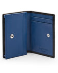 Expandable leather business card holder, black with cobalt, open
