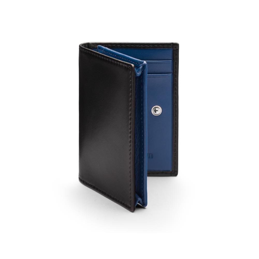 Expandable leather business card holder, black with cobalt, front