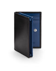 Expandable leather business card holder, black with cobalt, front