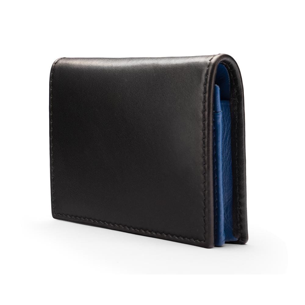 Expandable leather business card holder, black with cobalt, side