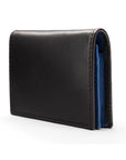 Expandable leather business card holder, black with cobalt, side