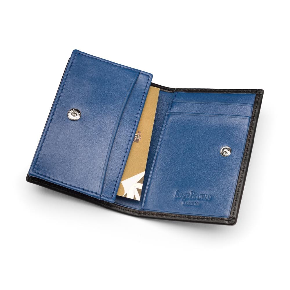 Expandable leather business card holder, black with cobalt, inside