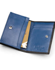 Expandable leather business card holder, black with cobalt, inside