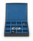 Large Leather Cufflink And Jewellery Box, Black With Cobalt, open