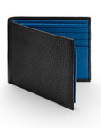 RFID leather wallet with 9 cc, black with cobalt, front