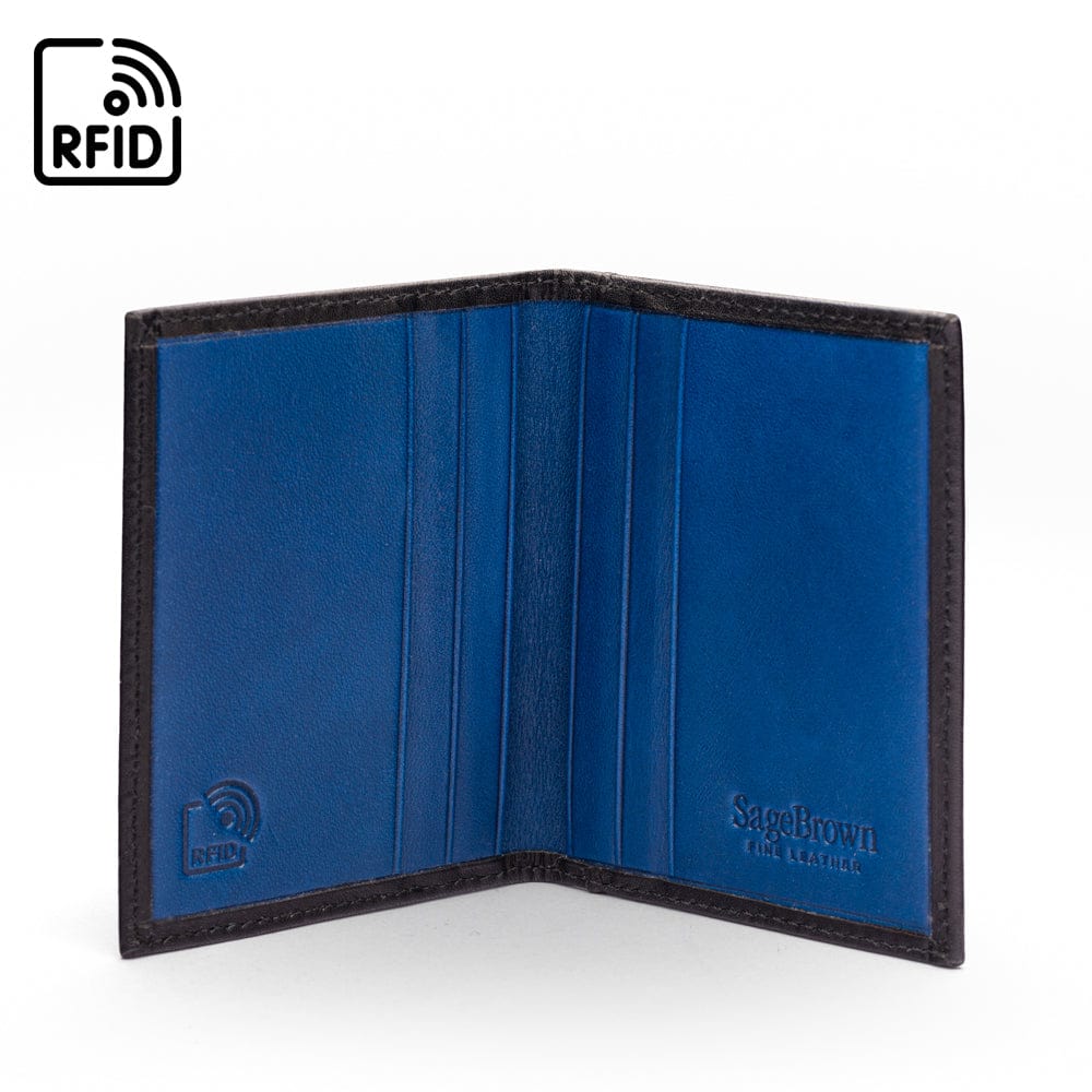 RFID leather credit card wallet, black with cobalt, inside