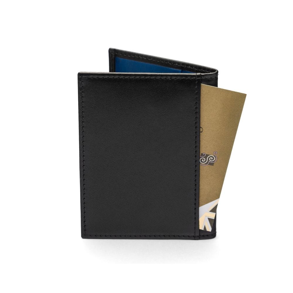 RFID leather credit card wallet, black with cobalt, back
