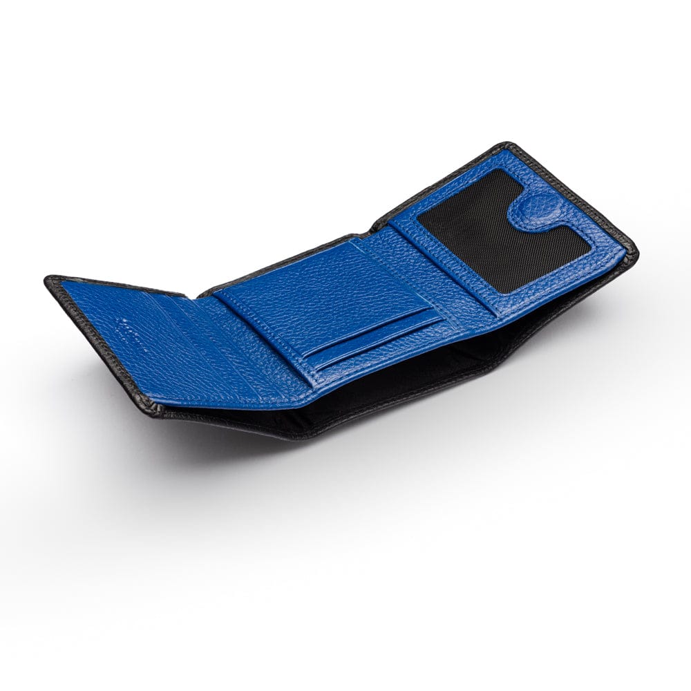 Trifold leather wallet with ID, black with cobalt, interior