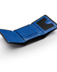 Trifold leather wallet with ID, black with cobalt, interior